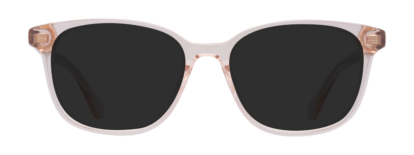 A pair of extra small cat-eye sunglasses made of clear pink acetate. 