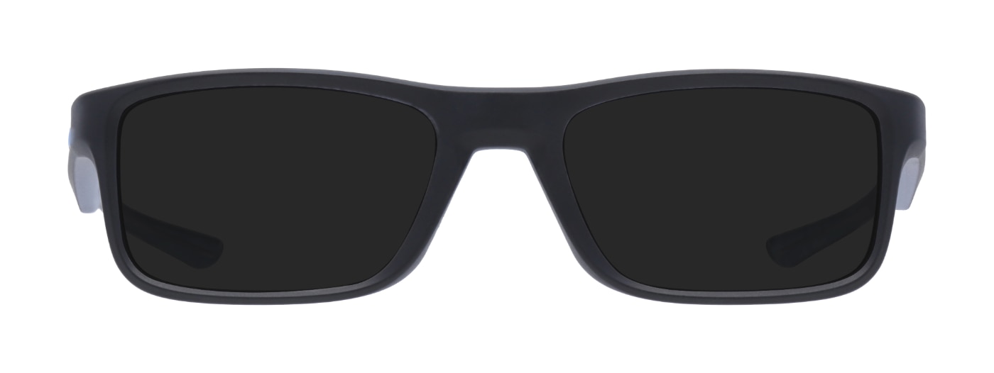 A slim pair of rectangular Oakley sunglasses made of black acetate. 