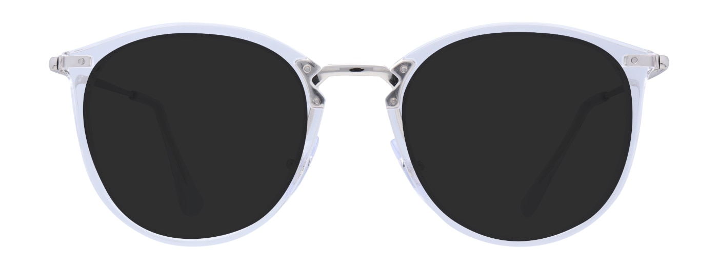 A transparent pair of Ray-Ban sunglasses, made of acetate with a metal bridge and temple design.