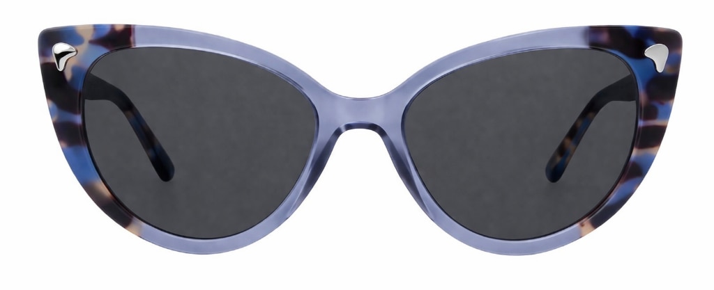 Blue and Havana cat-eye glasses  with cut-out details on each corner. 