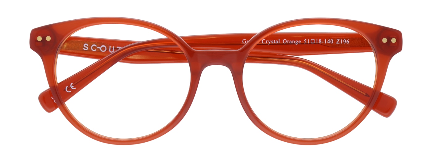 A pair of orange-coloured circular glasses, made of acetate. The glasses are folded up. 