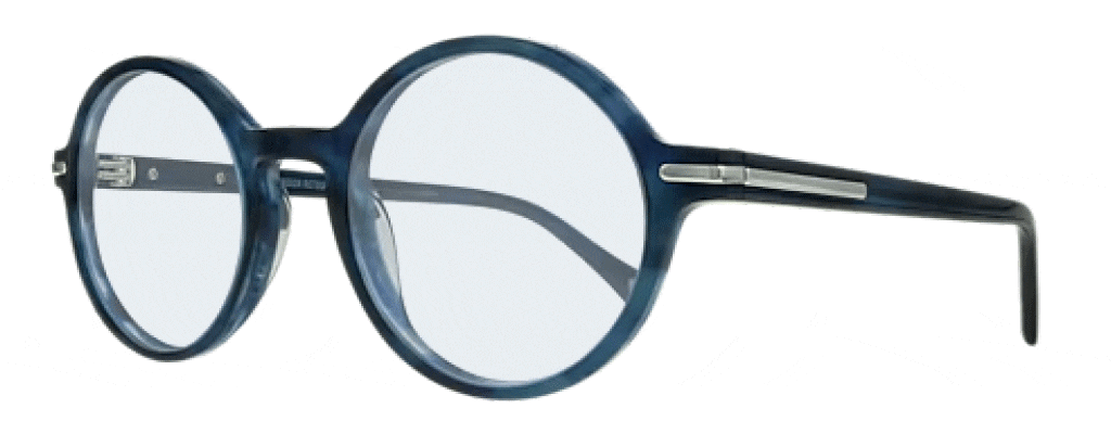 A GIF of round acetate frames with transitioning sapphire lenses. The frames are horn blue with silver metal trims. They are positioned at an angle. 