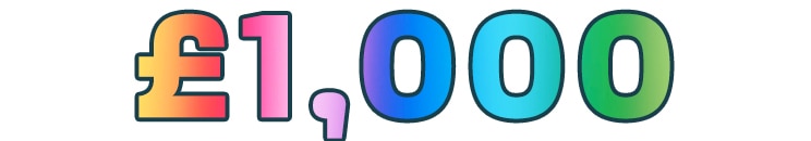 £1,000 displayed in bold, rainbow-coloured lettering.