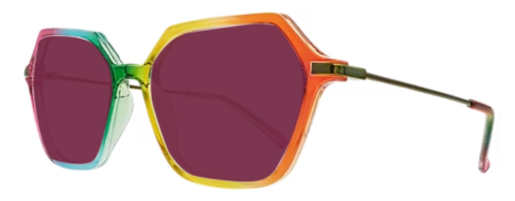 A pair of large hexagonal rainbow-coloured frames with gold metal temples. The frames have ruby lenses and are positioned at an angle. 