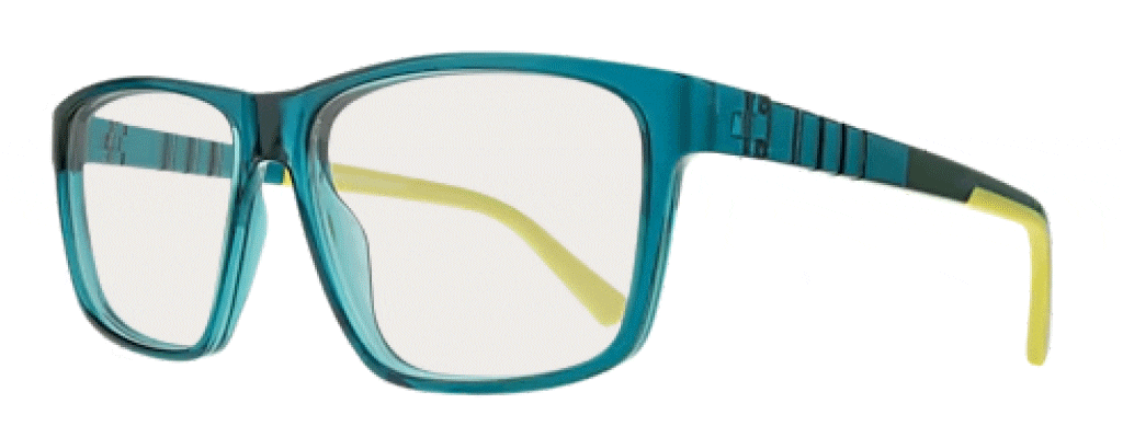 GIF of large rectangular sports frames  with transitioning brown lenses. The frames are made of bio-nylon in a bright crystal green with yellow rubber around the edges.