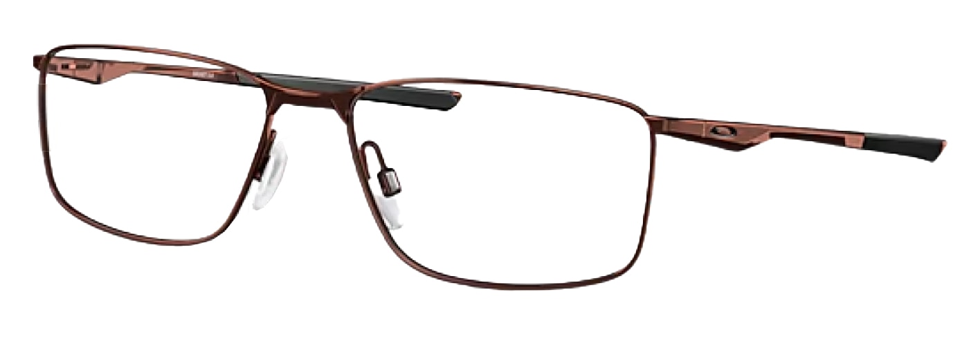 Slim rectangular Oakley glasses at an angle. They are made of a bronze-coloured metal with clear rubber nose pads and straight temples that feature the brand logo in black.