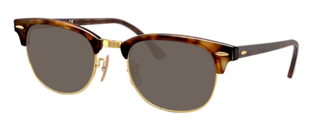 GIF of classic Ray-Ban® Clubmaster frames with transitioning Drivewear® lenses. The frames have a red Havana top and gold trims. 