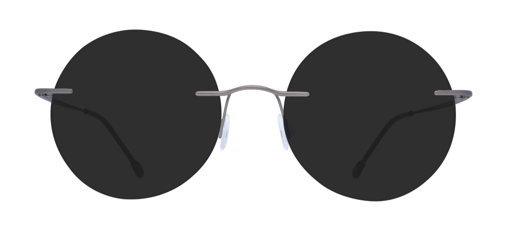 Round rimless sunglasses made of grey titanium.