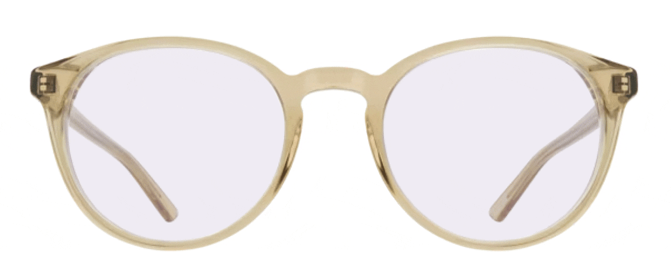 A pair of round beige acetate sunglasses with transitioning amethyst lenses.