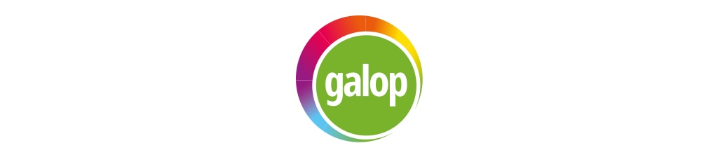 Galop charity logo. A bright green circle with Galop written in bold white lowercase characters, outlined by a white rim and another larger rainbow circle.