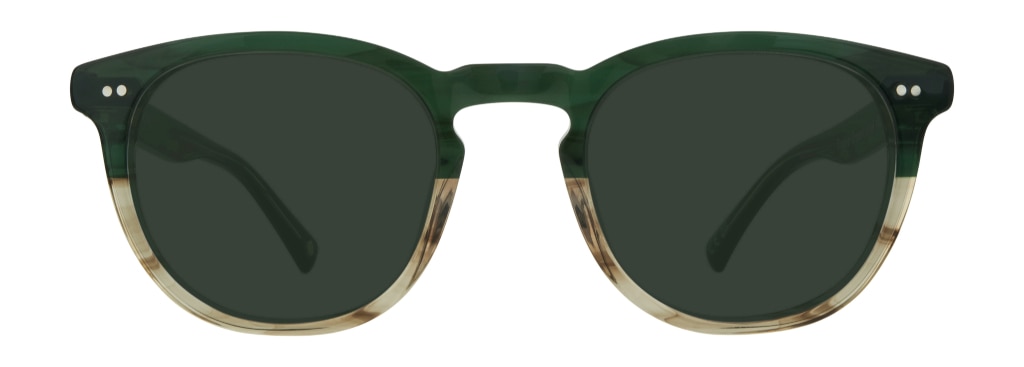Square sunglasses with D-shaped lenses and a keyhole bridge. Made of acetate with a green and beige mixed aesthetic.