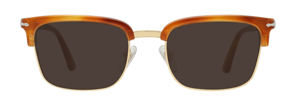 Rectangular Persol sunglasses made of orange Havana acetate at the top and gold metal around the rims and nose bridge. The temples are embellished with the signature silver metal arrow detail.
