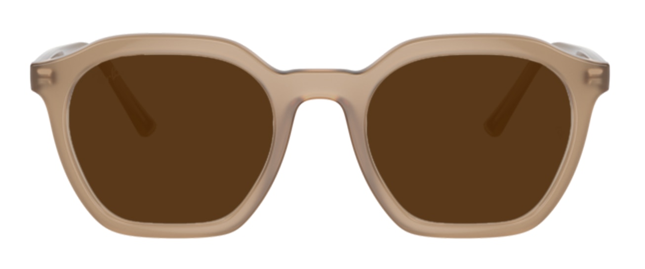 A pair of hexagonal-shaped brown Ray-Ban sunglasses with brown lenses.