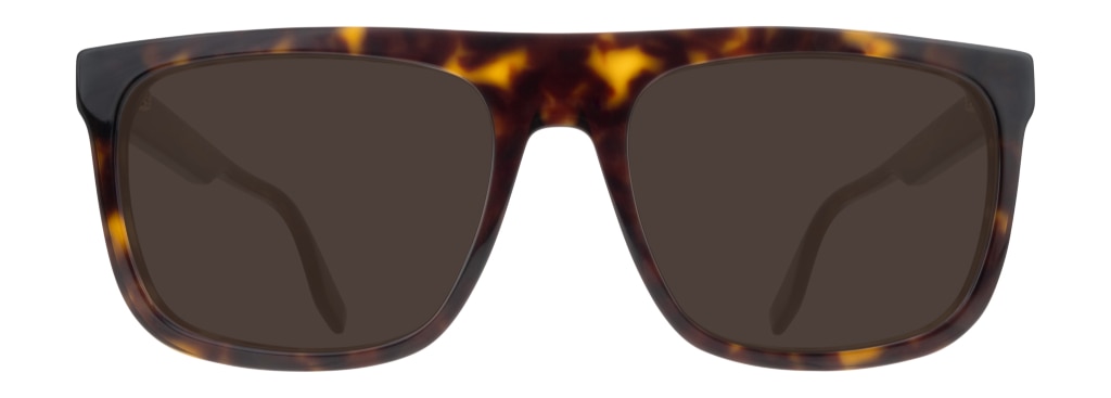 Acetate boxy-shaped Marc Jacobs sunglasses in tortoiseshell with a flat top. They feature gold-tone stripes and branding along the temples.