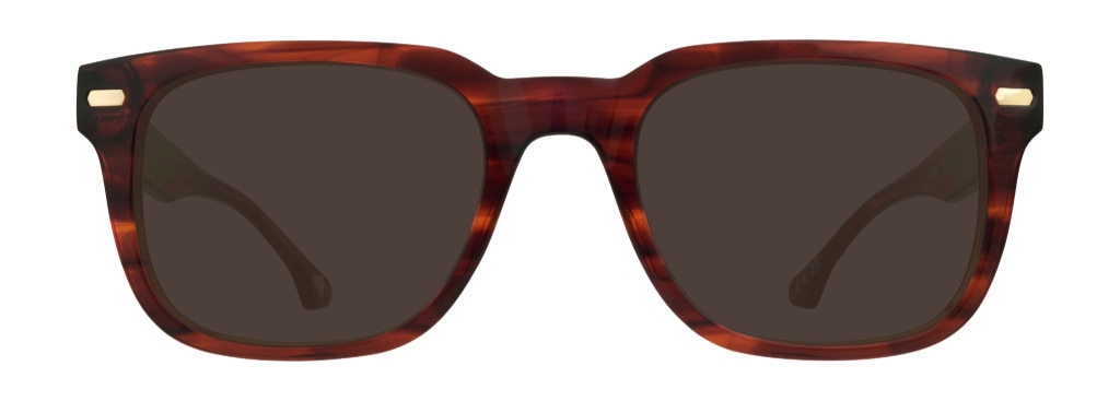 Rectangular acetate sunglasses in a brown and orange colour with silver pin detailing. 