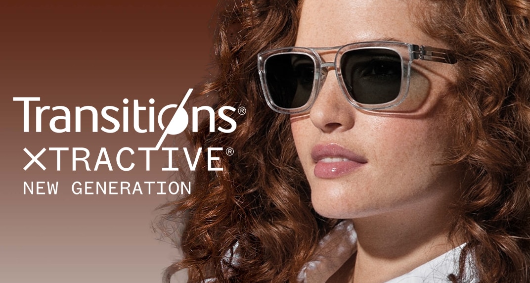 An image displaying the Transitions® XTRActive® logo in white on a brown background. Beside which is a headshot of a young lady with medium-length, curly brown hair and a white shirt. She is facing to one angle and is wearing transparent frames with grey XTRActive® lenses.