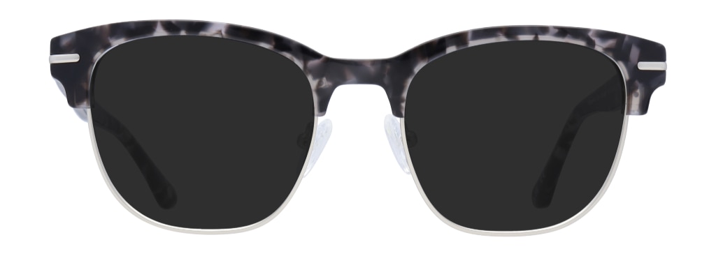 Square sunglasses made of grey Havana acetate at the top and silver metal around the rims and nose bridge. The temples are embellished with a silver metal bar.