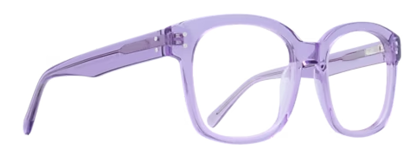 Side view of oversized square glasses made from transparent purple acetate.
