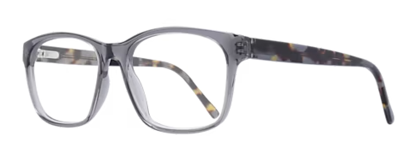 Side view of rectangular glasses made from acetate which are transparent grey at the front and a tortoiseshell colour along the arms.