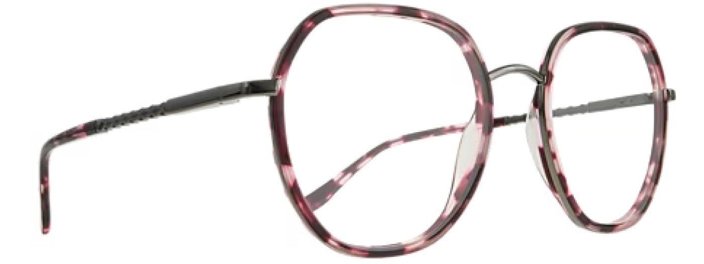 Side view of large geometric metal glasses which are a mix of gunmetal and purple tortoiseshell. 