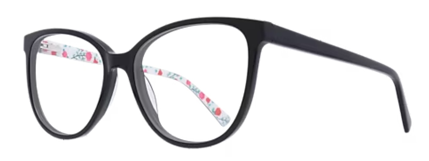 A side view of a pair of black acetate cat-eye glasses with floral print on the inside of the frame. 