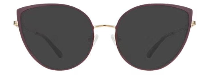 A pair of large gold and purple cat-eye sunglasses made of metal. 