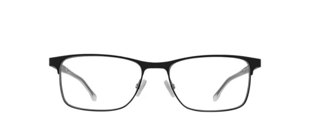 A pair of black and silver rectangular stainless steel glasses from Hugo Boss. 