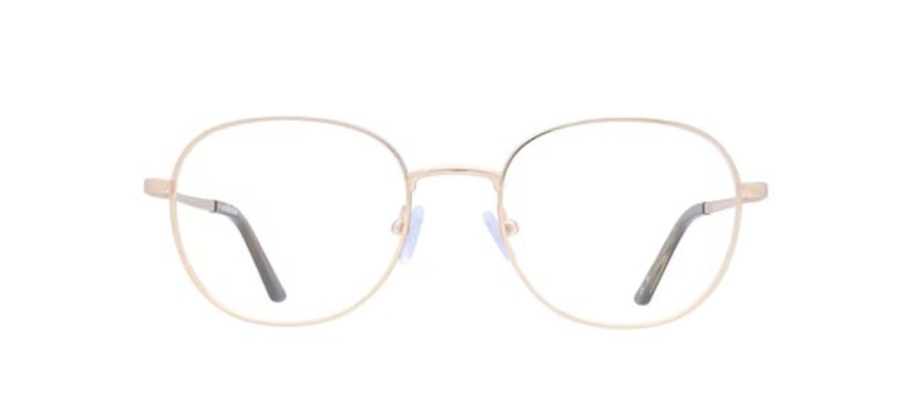 Large phantos-style glasses in a sleek gold-tone with rubber nose pads and brown plastic tips. 