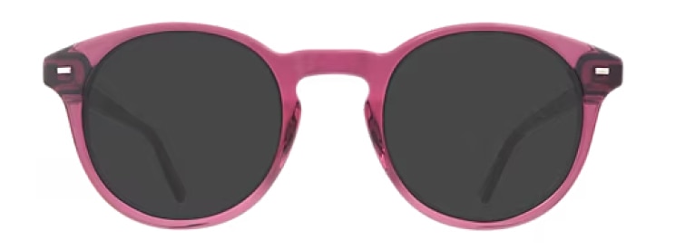 An extra-large pair of crystal purple sunglasses with a classic phantos shape. The frames have a keyhole bridge and silver pin detailing. 