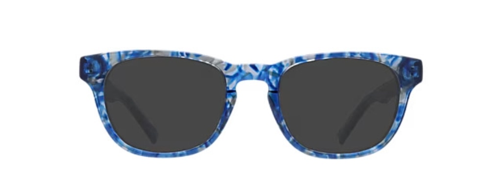 Rectangular acetate sunglasses in a bright tanzanite colour. They have a keyhole bridge.