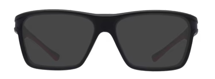 A large pair of rectangular sports sunglasses, made of black acetate with bright-red rubber inserts along the temples. 