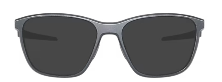 A large pair of square Oakley sunglasses, made of matte grey plastic material. 
