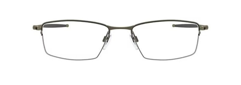 Slim rectangular Oakley glasses, made of titanium. They have straight temples and rubber nose pads. 