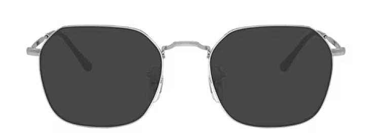 A large pair of geometric Ray-Ban sunglasses made of silver metal.  