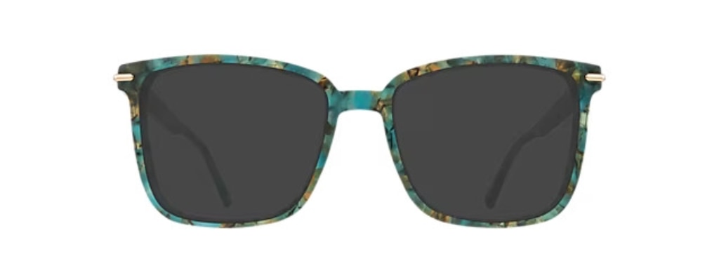 Large square acetate sunglasses in a bright blue, green and bronze Havana. The temples are embellished with metal accents.
