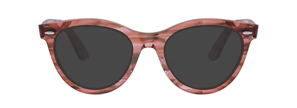 Large Ray-Ban Wayfarer sunglasses in a bright, striped Havana pink. The silver metal pin detail is embellished on either side.