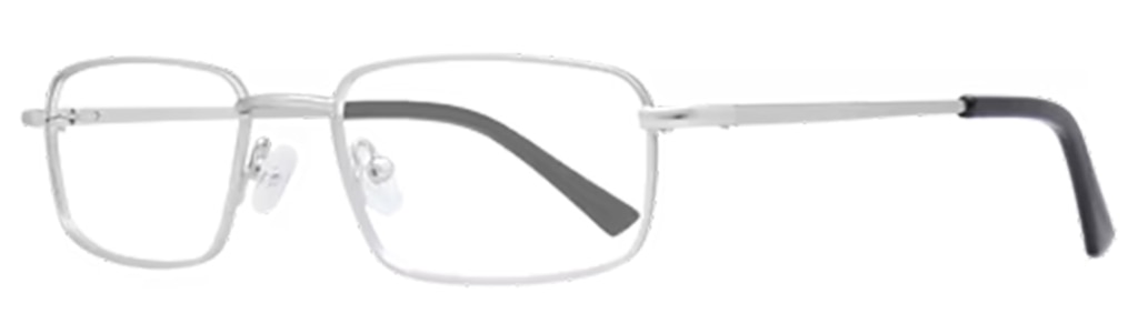 A pair of silver metal rectangular glasses with black plastic tips and clear rubber nose pads, positioned at an angle to one side.