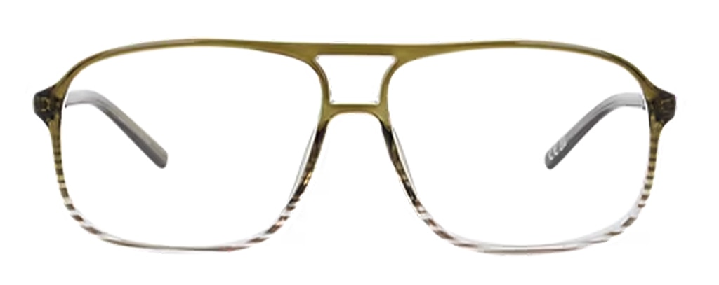 A pair of green-and-grey gradient plastic aviator-style glasses with a double bridge. 