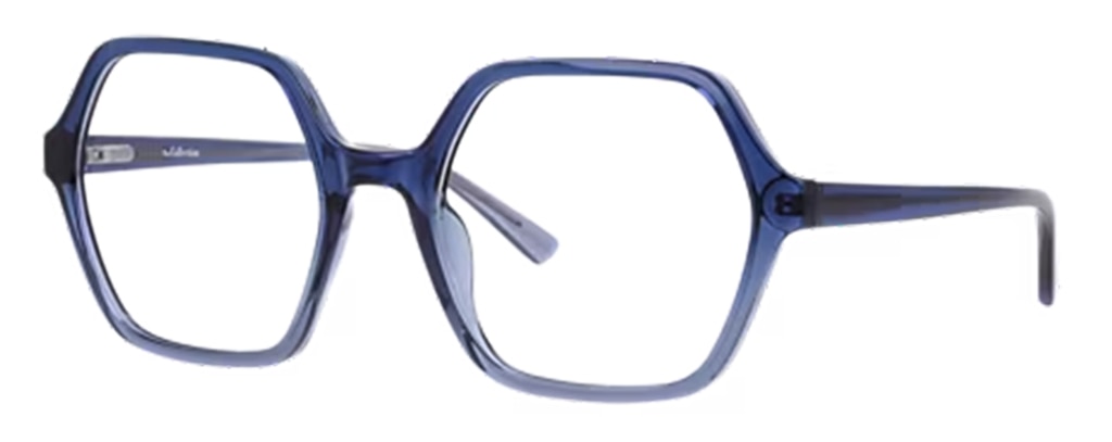 A pair of gradient blue plastic hexagonal glasses, positioned at an angle to one side.