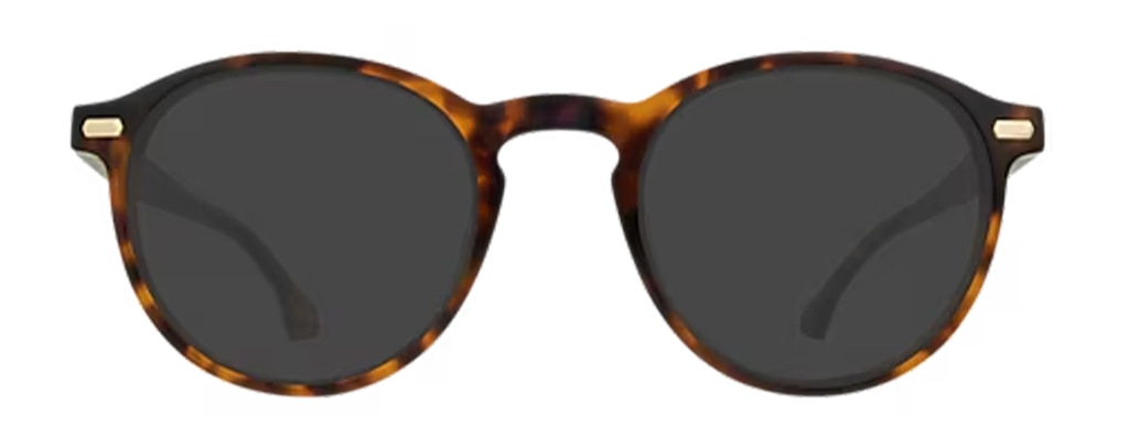 A pair of dark Havana phantos-shaped sunglasses made of acetate, featuring a keyhole bridge and foil rivets. 