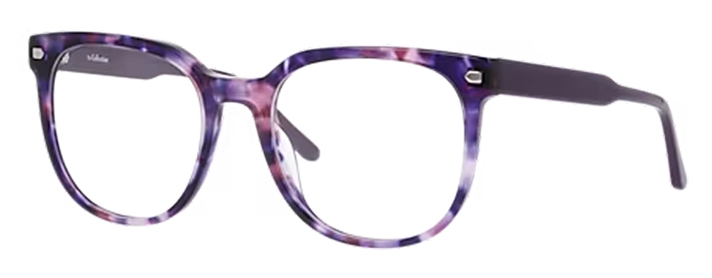 A pair of acetate phantos-shaped glasses, positioned at an angle. The front of the frame is Havana purple embellished with silver pin accents, complemented by dark purple temples.