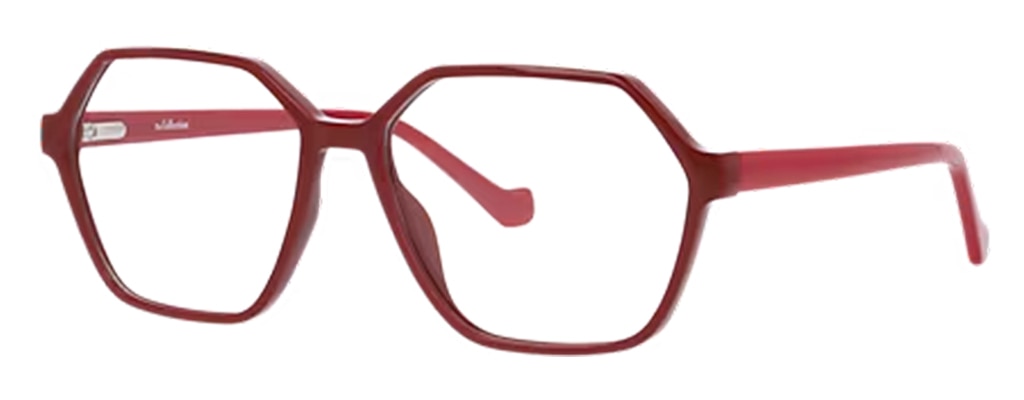An oversized hexagonal frame in glossy plastic, shown at an angle. The front is deep burgundy, complemented by bold bright-red temples.