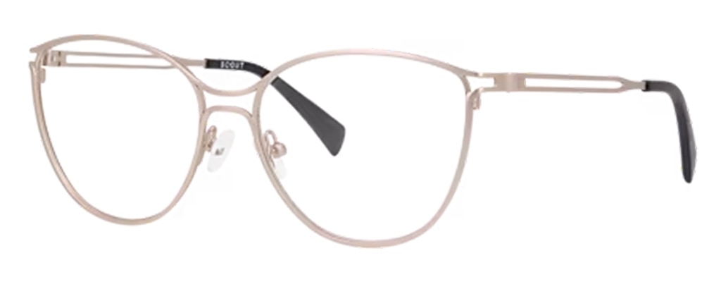 A pair of large metal cat-eye glasses, positioned at an angle.  The frame has bold structural lines with adjustable rubber nose pads and black plastic temple tips.