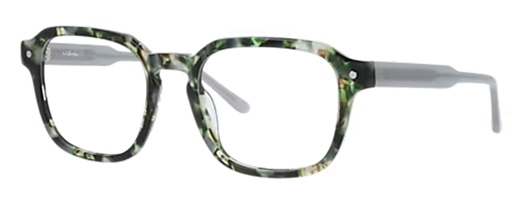 A pair of acetate square glasses, positioned at an angle. The front of the frame is Havana green embellished with silver pin detailing, complemented by light grey temples.