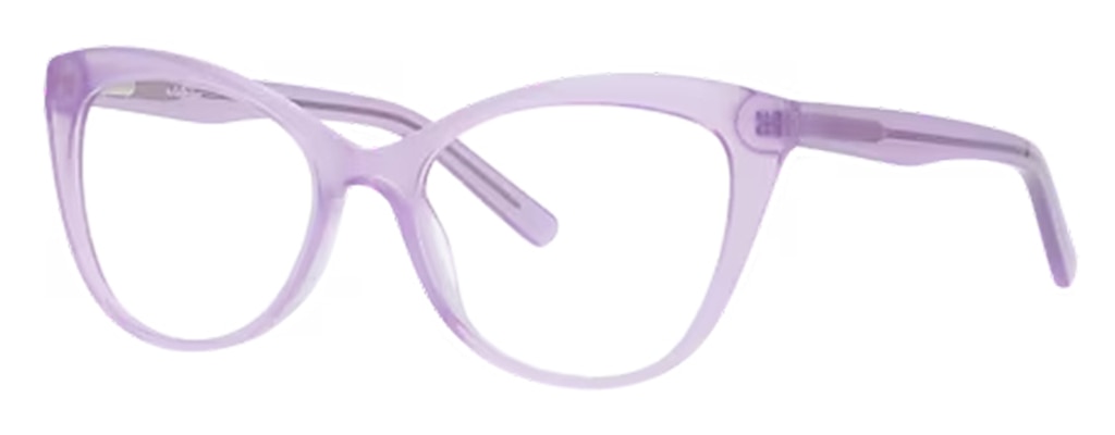 A pair of acetate cat-eye glasses, positioned at an angle. The frame is a transparent pearly purple colour. 