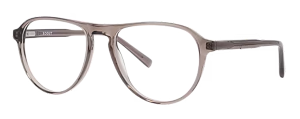 A pair of large pilot frames in crystal-grey bio-acetate, positioned to one side. 
