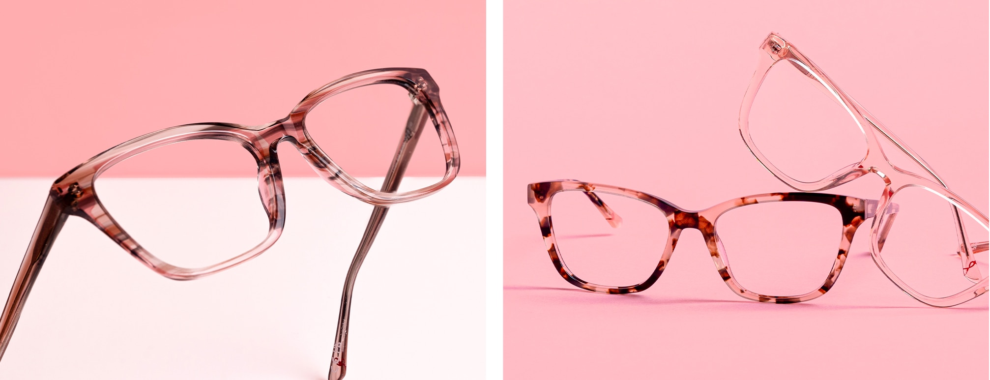 A collage of two images. The first features pink-striped cat-eye frames positioned upwards, set against a white and pink background. The second showcases two pink acetate frames — one in Havana and the other transparent — with the transparent pair resting atop the Havana frame.