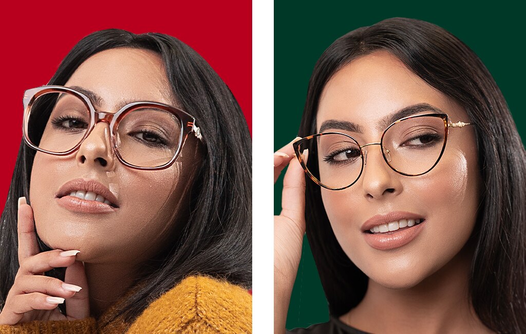 A two-image collage featuring a close-up of the same dark-haired female model. In the first image, she poses with her right hand resting on her chin, wearing oversized square gradient-orange acetate glasses with metal temples and a yellow knitted jumper against a red background. In the second image, she wears oversized metal cat-eye glasses with Havana accents and a black top, set against a green background.