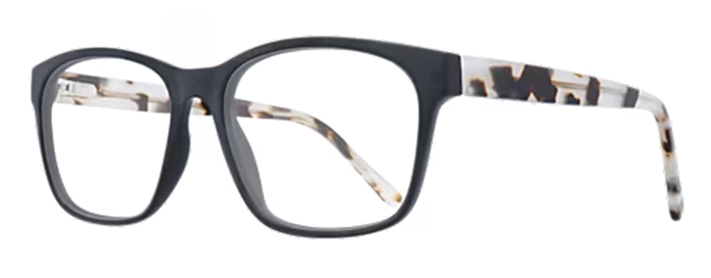 Side profile of a pair of large black rectangular acetate glasses featuring contrasting tortoiseshell arms.