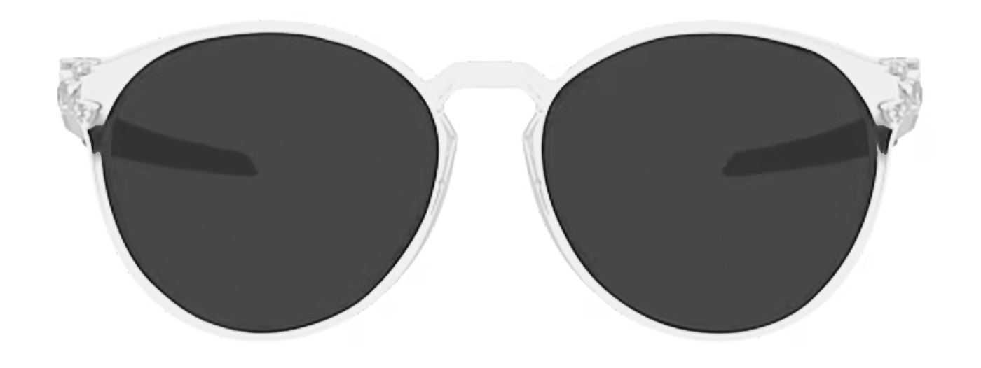 A pair of transparent oversized round Oakley sports sunglasses with a keyhole bridge and metal temples lined with black textured rubber and featuring the Oakley icon.   